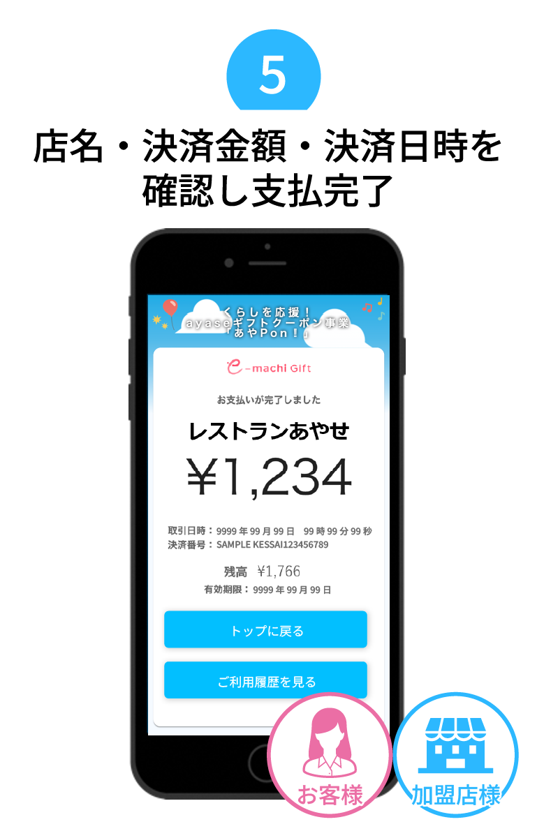 店名、決済金額、決済日時を確認し、支払い完了