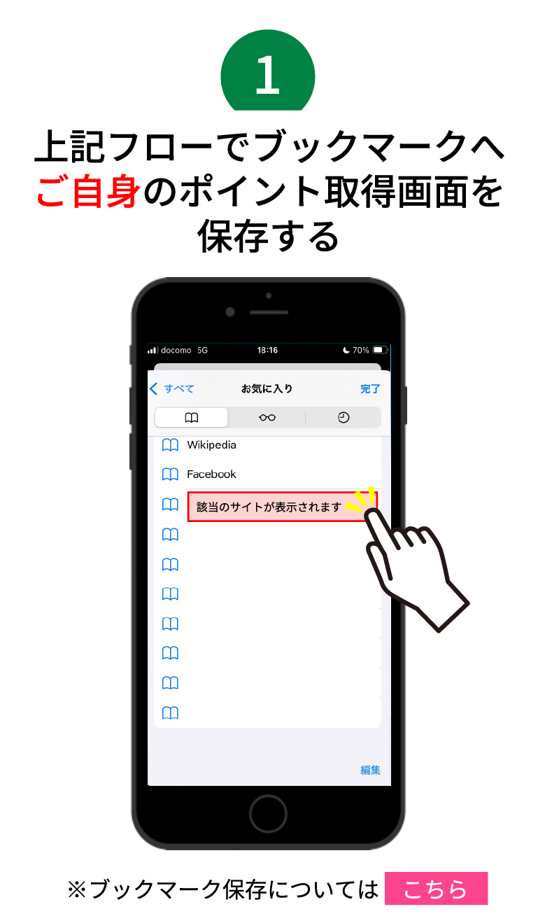 上記フローでブックマークへ「ご自身」のポイント取得画面を保存する